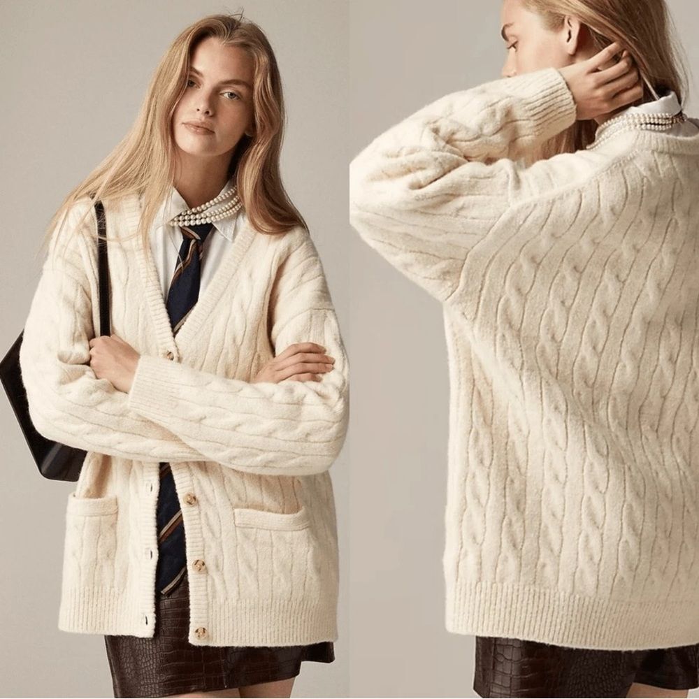 NWT - J Crew Relaxed Cable Knit Cardigan Sweater,‎ L/XL, Cream